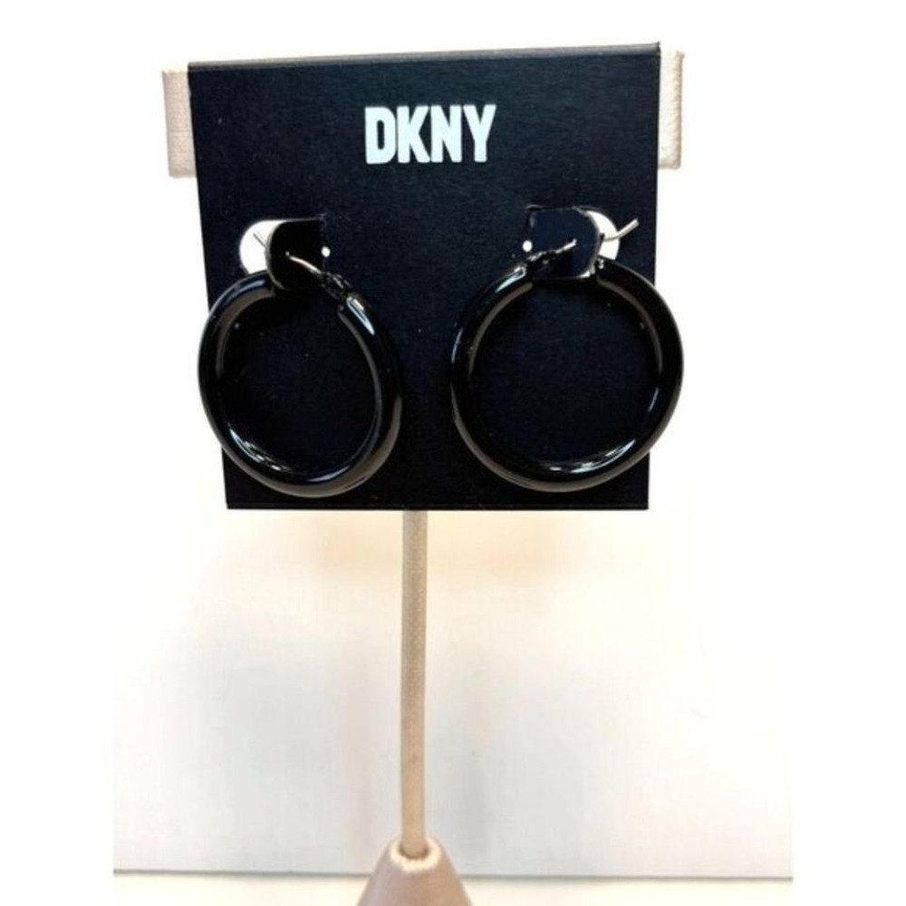 DKNY Black Enamel Hoop Earrings Medium Round High Shine Minimalist Jewelry
